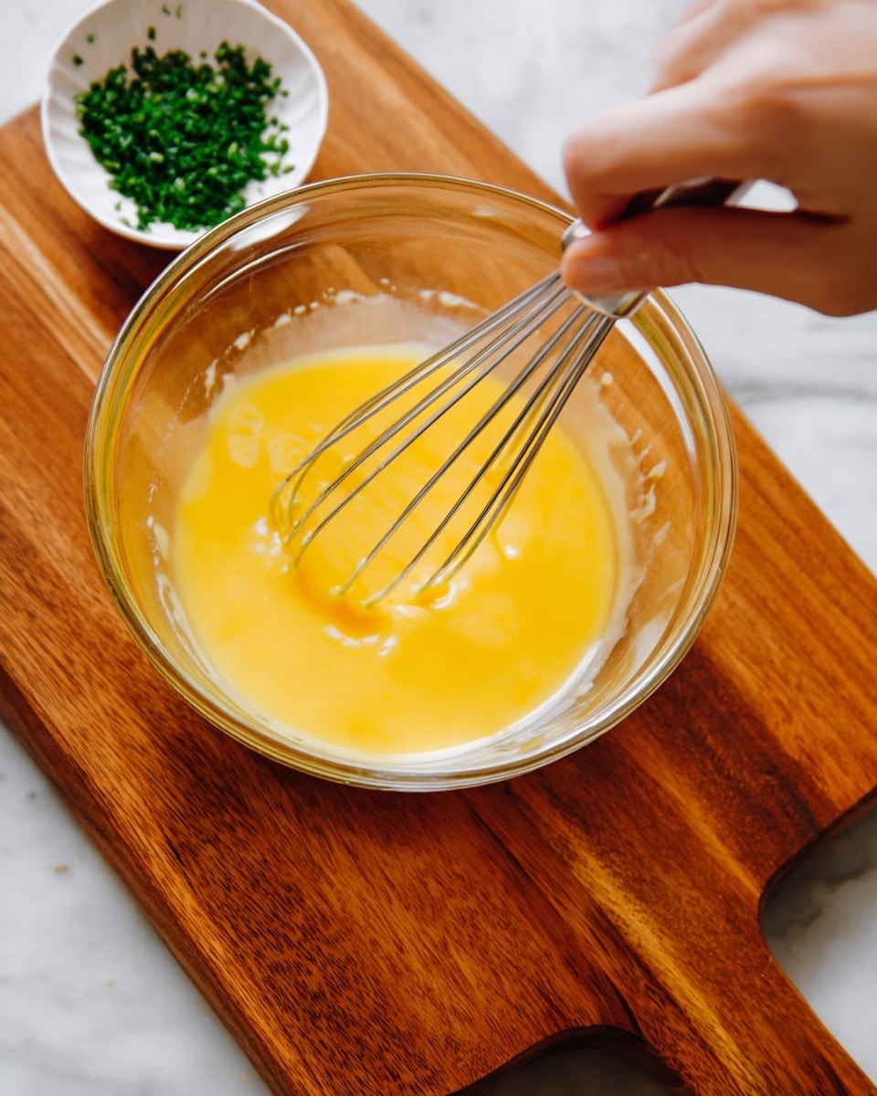 A clear glass bowl filled with smooth, bright yellow liquid being whisked by a woman's hand holding a metal whisk; the bowl is placed on a wooden cutting board with warm brown tones, and a small white bowl with finely chopped green herbs sits nearby on a white marbled surface in the background. photo taken with an iphone --ar 4:5 --v 7