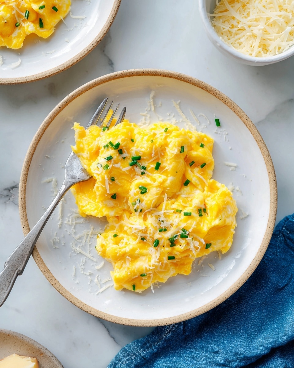 A white bowl holds soft, yellow scrambled eggs with some white parts mixed in, topped with small green chive pieces and thin white cheese shreds scattered on top. A silver fork with a decorated handle is picking up a portion of the eggs from the right side. The setting includes a white marbled surface and a light blue cloth near the bowl's edge. photo taken with an iphone --ar 4:5 --v 7