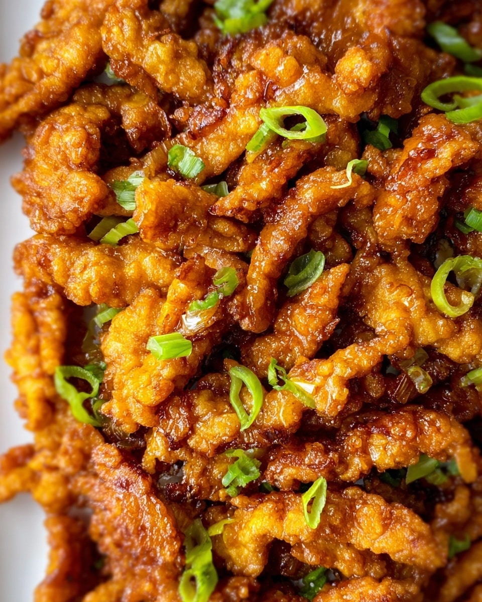 The image shows a close-up of a dish in a bowl filled with golden-brown crispy fried chicken strips coated in a thick, shiny orange sauce. The sauce glistens on the chicken, making it look sticky and flavorful. On top of the chicken, there are scattered pieces of fresh green sliced scallions adding color contrast. A wooden spoon is partially lifting the chicken pieces, showcasing the texture and sauce coverage. The background surface has a white marbled texture. photo taken with an iphone --ar 4:5 --v 7