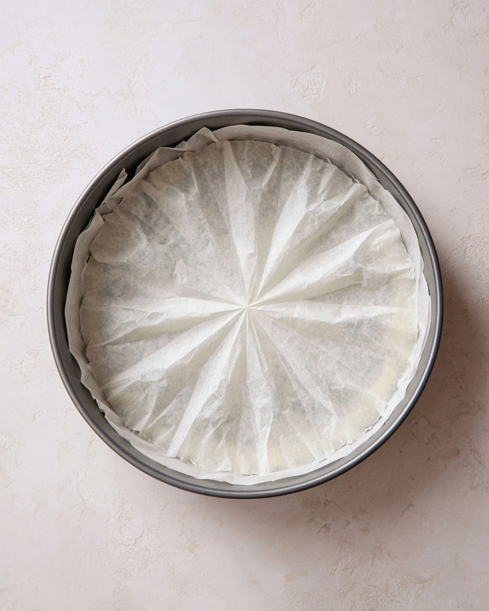 A round silver metal baking pan lined with a single layer of translucent white parchment paper, which has been arranged in a circular pattern with visible radiating folds spreading outward from the center to the edges of the pan, creating a star-like effect. The pan sits on a white marbled textured surface. The parchment paper sits flat inside the pan with slightly crinkled edges where it meets the pan's sides. Photo taken with an iphone --ar 4:5 --v 7