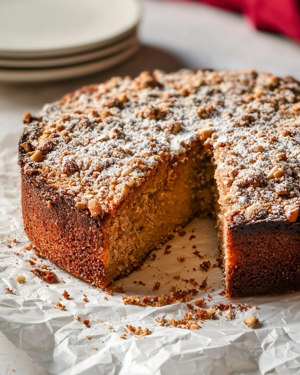 A round almond cake with one slice removed, revealing a golden brown, soft inside layer topped with a thick crunch layer of sliced almonds and crumb topping dusted lightly with powdered sugar. The cake rests on crinkled light pink paper on a white marbled surface. Above the cake is a white plate with the removed slice placed on top, showing the same two layers of almond crumb and cake inside, accompanied by a gold fork on the plate. A textured light beige cloth is placed near the plate. Photo taken with an iphone --ar 4:5 --v 7