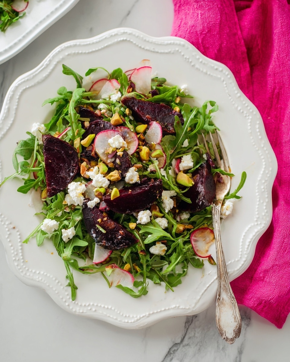 A light blue cutting board is placed on a white marbled surface, with chopped green onions on the left, crushed nuts in the top center, and thinly sliced radishes in the middle; two fresh green onions and a bunch of radishes with leaves are at the bottom left corner of the board. Nearby, a small white bowl holds crumbly white cheese, and a small glass container of amber liquid is partially shown at the bottom right. On the right side of the image, honey is being poured from a wooden spoon into a clear glass measuring cup that sits on the same white marbled surface, with a whole red radish blurred in the background. photo taken with an iphone --ar 4:5 --v 7