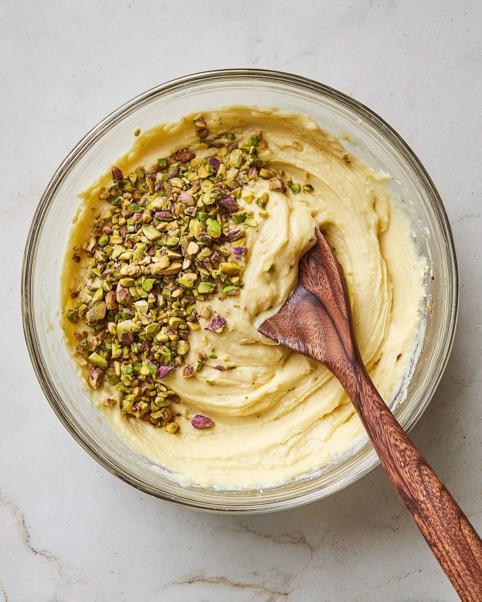 A clear glass bowl holds a thick, creamy yellow batter with a smooth texture that swirls around the sides. On top of the batter, near the center left, is a generous pile of chopped green and purple pistachios, adding a rough, crunchy texture with mixed colors. A wooden spoon with a rich dark brown color and visible grain rests on the right side of the bowl, partially pushed into the batter. The bowl sits on a white marbled surface with subtle gray veins. photo taken with an iphone --ar 4:5 --v 7