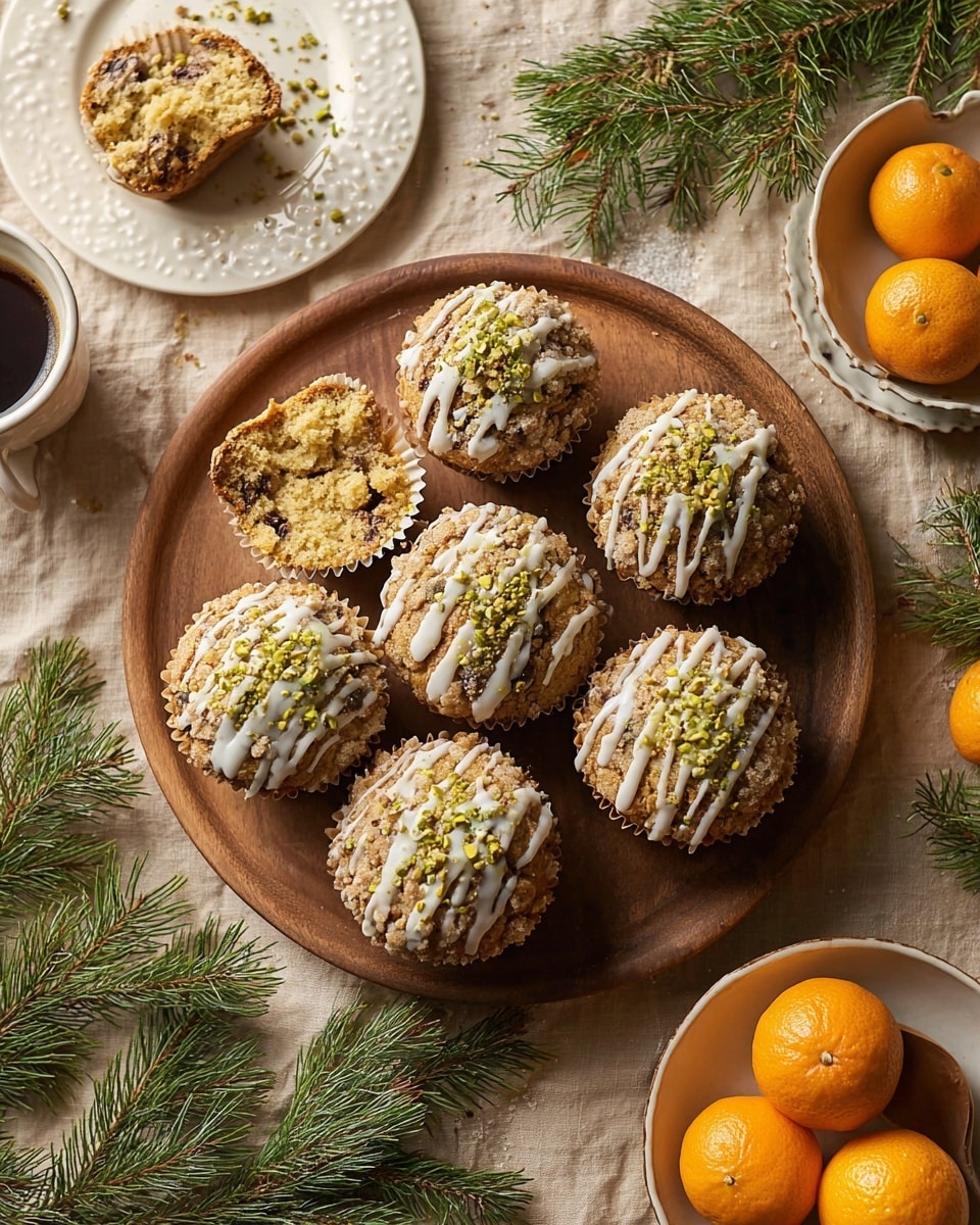 A close-up of several crumb-topped muffins arranged on a wooden round plate placed on a white marbled surface. The muffins have a golden-brown crust with a crumb layer on top that is light brown and textured. Drizzles of white icing run thinly over the crumb topping, and small green nut pieces are sprinkled on top. One muffin is broken in half at the front, showing a light yellow soft and fluffy inside. Fresh green pine leaves surround the wooden plate, adding a touch of greenery to the scene. Photo taken with an iphone --ar 4:5 --v 7
