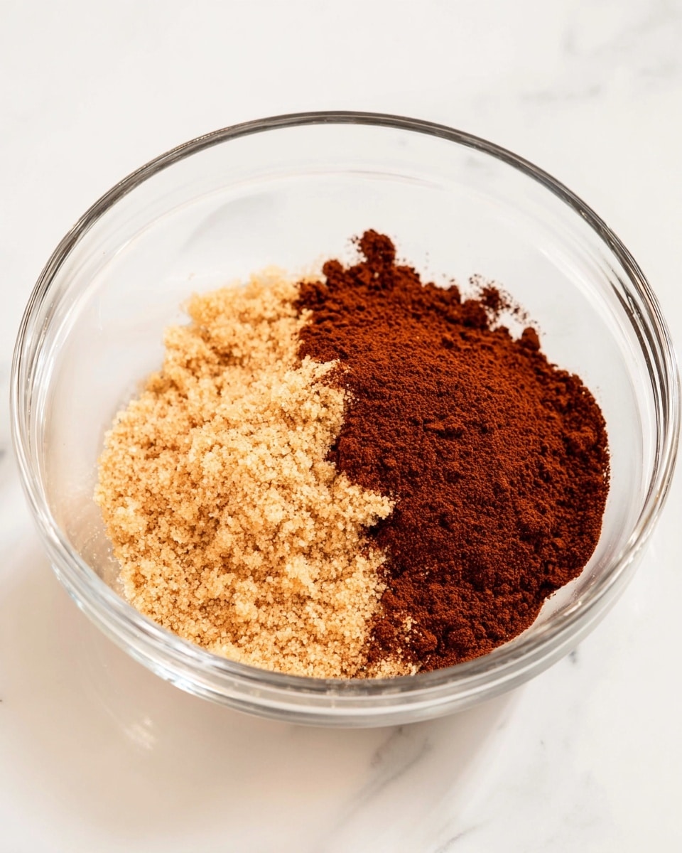 A clear glass bowl sits on a white marbled surface, containing two layers of dry ingredients side by side. The left layer is light brown and crumbly with a granular texture, resembling brown sugar. The right layer is a rich, dark reddish-brown powder, looking like cinnamon or cocoa. The bowl's transparency shows the mix clearly with no other items around. photo taken with an iphone --ar 4:5 --v 7