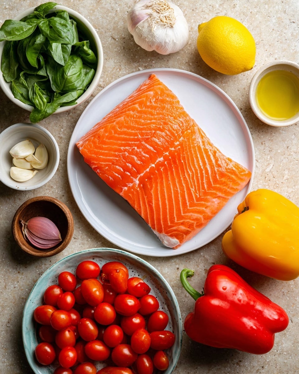A large piece of bright orange raw salmon with light white marbling sits in the center on a white plate. Surrounding it are various ingredients: a white bowl full of small round red cherry tomatoes at the bottom left, a whole yellow lemon in a white bowl at the middle left, a white bowl with fresh green basil leaves at the top left, two garlic cloves in a small brown bowl next to the basil, a small brown bowl with olive oil at the middle right, a reddish shallot on a small ceramic plate below the olive oil, and two whole bell peppers in yellow and red colors at the top right. All items are placed on a white marbled textured surface. photo taken with an iphone --ar 4:5 --v 7