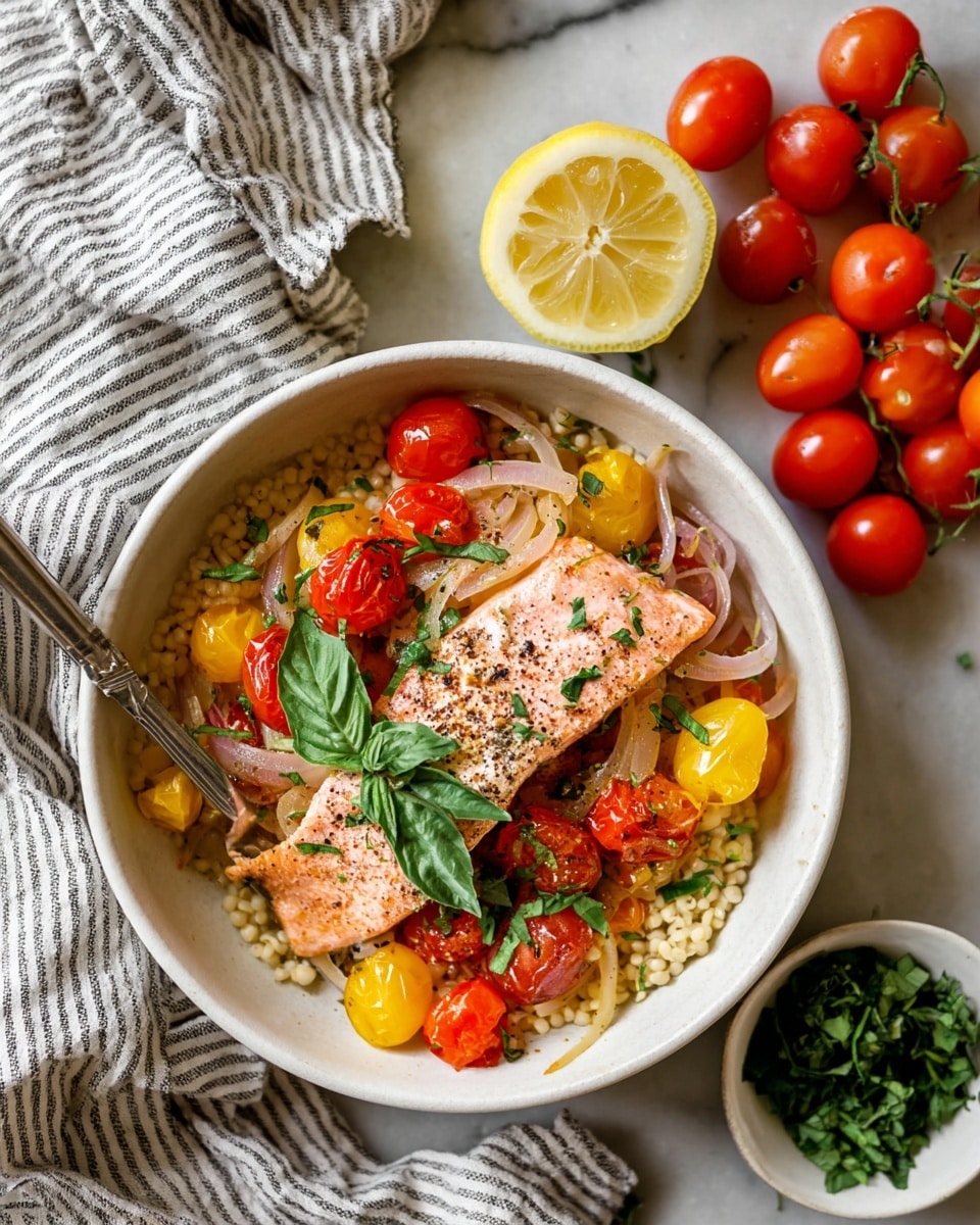 The dish is presented in a white round pan with red handles, placed on a white marbled textured surface. In the center, there is one large piece of light pink cooked fish with small black pepper specks on top. Around the fish, there are three layers of vegetables: the first layer is a mixture of yellow, orange, and red bell pepper pieces; the second layer contains roasted bright red cherry tomatoes; the third layer is made up of thin white onion slices. Small green chopped basil leaves are scattered on the fish and vegetables. Nearby, a white bowl holds more chopped basil, a halved yellow lemon with juice removed sits beside it, and a bunch of fresh red cherry tomatoes on the vine rests on the upper left. A white and gray striped kitchen towel is partially visible under the pan. Photo taken with an iphone --ar 4:5 --v 7