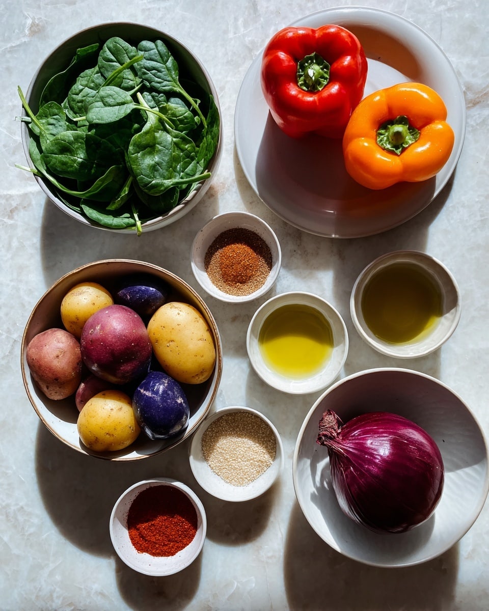 The image shows eight separate bowls and plates arranged on a white marbled surface. In the top left, a white bowl contains fresh green spinach leaves. To its right, a white plate holds two whole bell peppers, one orange and one red, both shiny and fresh. Below the spinach, a small bowl holds a reddish-brown spice powder. Centered is a white bowl filled with small potatoes in three colors: yellow, red, and purple. To the right of the potatoes, a small bowl contains golden olive oil. Beneath it, another small bowl has a light beige granulated seasoning. Toward the bottom left, a small bowl holds a red spice powder. At the bottom right, a white shallow bowl cradles a whole purple onion with its outer skin partially peeling. All bowls and plates are white and cast soft shadows on the white marbled surface. photo taken with an iphone --ar 4:5 --v 7