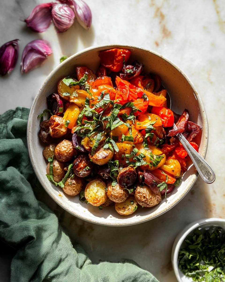 A white bowl filled with roasted vegetables layered evenly, including brown roasted potato chunks, orange and red bell pepper pieces with charred edges, and purple onion slices with a slightly crispy texture. Fresh green basil leaves are scattered on top, adding a fresh contrast. The bowl sits on a white marbled surface with sunlight casting soft shadows, and there is a spoon resting inside the bowl. Photo taken with an iphone --ar 4:5 --v 7
