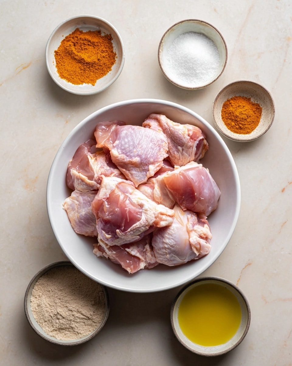 A white bowl filled with several raw chicken pieces, pink with white fat patches, sits in the center on a white marbled surface. Surrounding the bowl are three small round bowls: one at the top right containing white powder, one at the top left with orange powder, and one at the bottom right holding yellow liquid, likely oil. Below the bowl of chicken, a smaller bowl contains light beige powder. The setup shows ingredients likely prepared for cooking. photo taken with an iphone --ar 4:5 --v 7