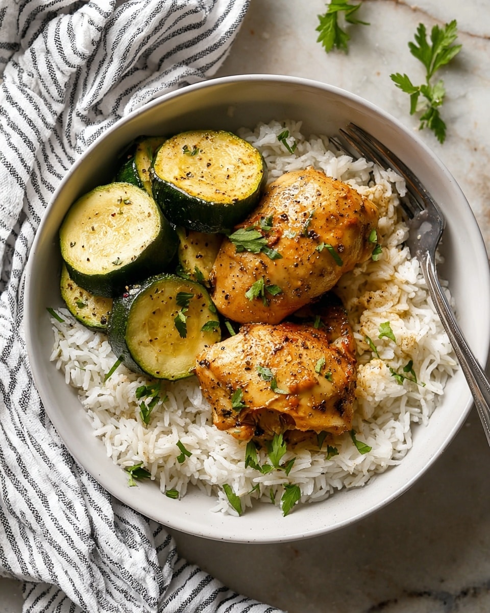 Easy Baked Curry-Spiced Chicken Thighs Recipe 5 A white bowl holds a bed of fluffy white rice spread evenly across the bottom. On top, two pieces of golden-brown cooked chicken with a light glaze and specks of black pepper rest side by side. Next to the chicken are three grilled zucchini pieces, light green with some char marks and a soft texture. Fresh green parsley leaves scattered on the chicken, zucchini, and rice add fresh color. A silver fork is placed on the right edge of the bowl, resting on the rice. The bowl sits on a white marbled textured surface with a striped white and black cloth nearby. Photo taken with an iphone --ar 4:5 --v 7
