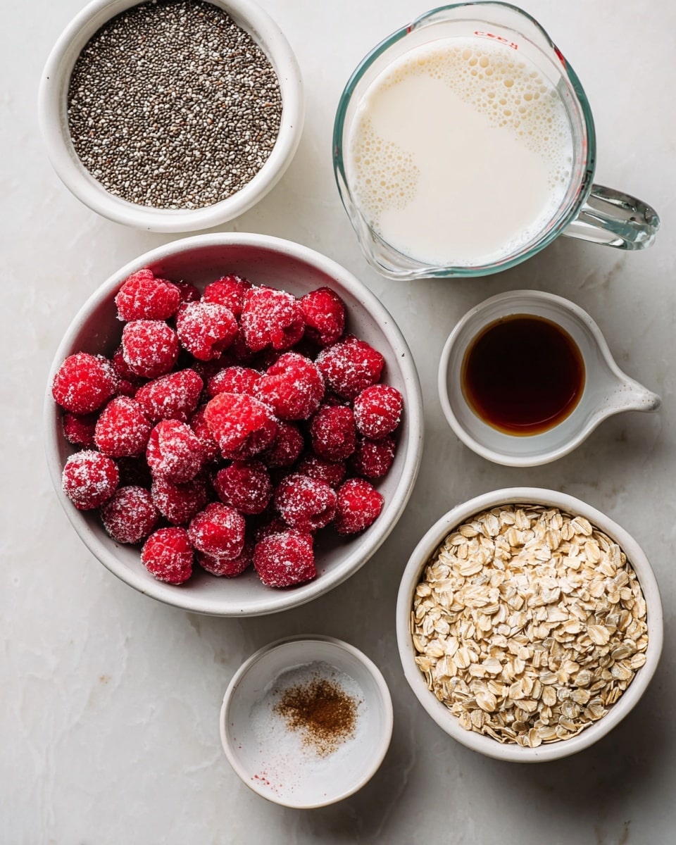 Several white bowls and a clear glass measuring cup are arranged on a white marbled surface. The top left has a white bowl filled with small black and white chia seeds. Below it is a larger white bowl full of bright red frozen raspberries covered in light frost. To the right of the raspberries is a small white bowl with dark brown liquid, likely vanilla extract. Next to that on the top right is a glass measuring cup filled with creamy white milk, showing some bubbles on top. The bottom right holds a white bowl filled with beige steel-cut oats. A small white bowl with ground cinnamon and sea salt is placed near the bottom left. Everything is displayed clearly and brightly, emphasizing the fresh textures and natural colors photo taken with an iphone --ar 4:5 --v 7