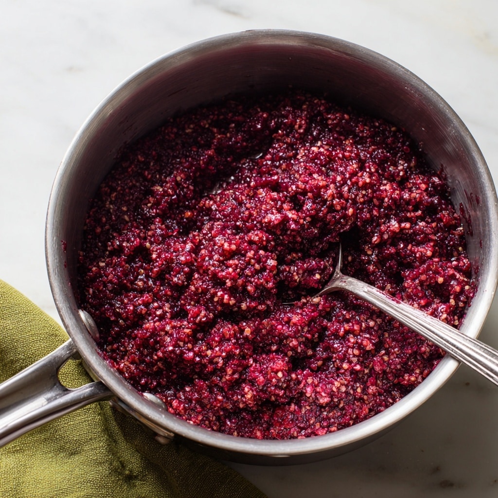 A white bowl with three main layers: the bottom layer is a thick, textured oatmeal mixed with crushed red raspberries giving it a deep red and purple color; the middle layer has a smooth dollop of light brown almond butter on one side and a white creamy yogurt dollop on the other; the top layer is a scatter of bright red whole raspberries and pale brown sliced almonds sprinkled over all layers. A silver spoon rests inside the bowl on the right side. The bowl sits on a white marbled surface with a beige cloth napkin nearby, and small white bowls around holding more sliced almonds, yogurt, and red raspberries. photo taken with an iphone --ar 4:5 --v 7