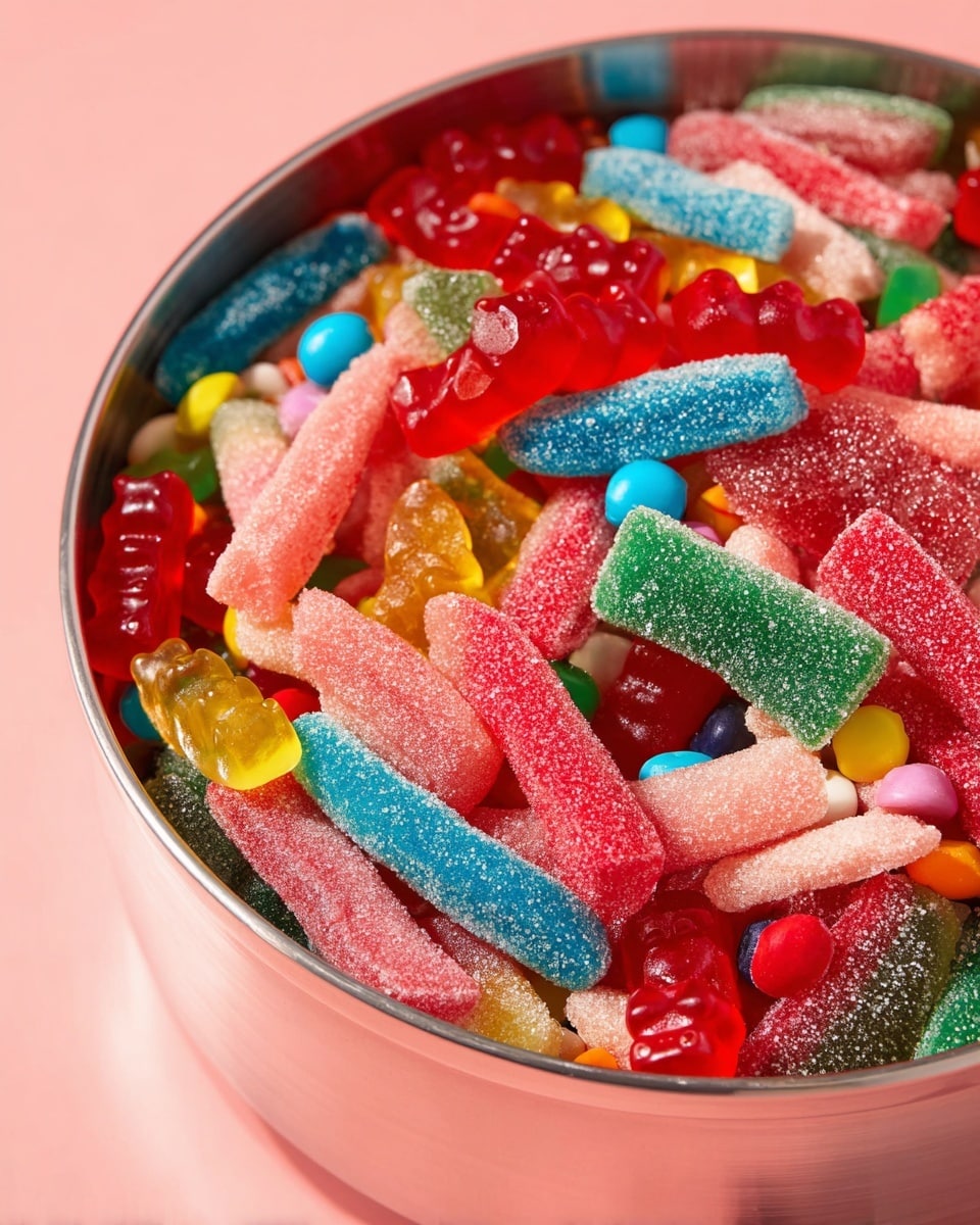 A close-up view of a large metal bowl full of colorful mixed candies against a soft pink background, showing layers of different shapes and textures such as red, green, and blue gummy bears with a translucent, shiny surface; pink, blue, and yellow sour candy sticks covered in sugar crystals; small round candies with multiple bright colors; smooth red and white cylindrical candies; and flat red sour strips with a sugar coating, all piled together inside the bowl. photo taken with an iphone --ar 4:5 --v 7