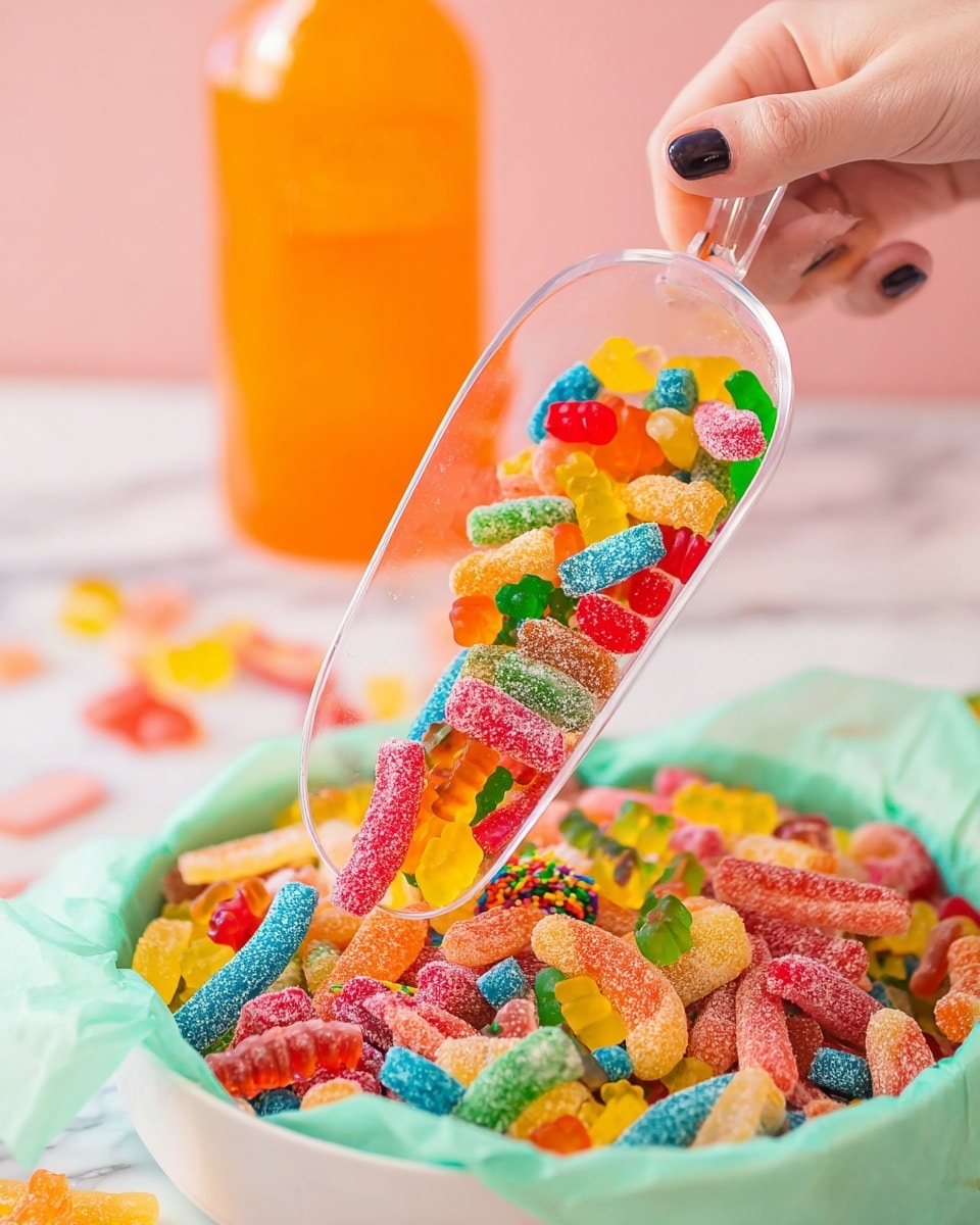 A woman's hand holds a clear, curved plastic scoop filled with colorful candies of different shapes and sizes, including red, green, yellow, and blue gummy bears, sugar-coated cylinders, and multi-colored candy-coated pieces with a rough texture. The scoop is lifted above a large pile of assorted candies in a white bowl lined with light green paper. In the soft-focused background, there is an orange bottle on a white marbled texture surface. The scene is bright and colorful with a playful feel, photo taken with an iphone --ar 4:5 --v 7