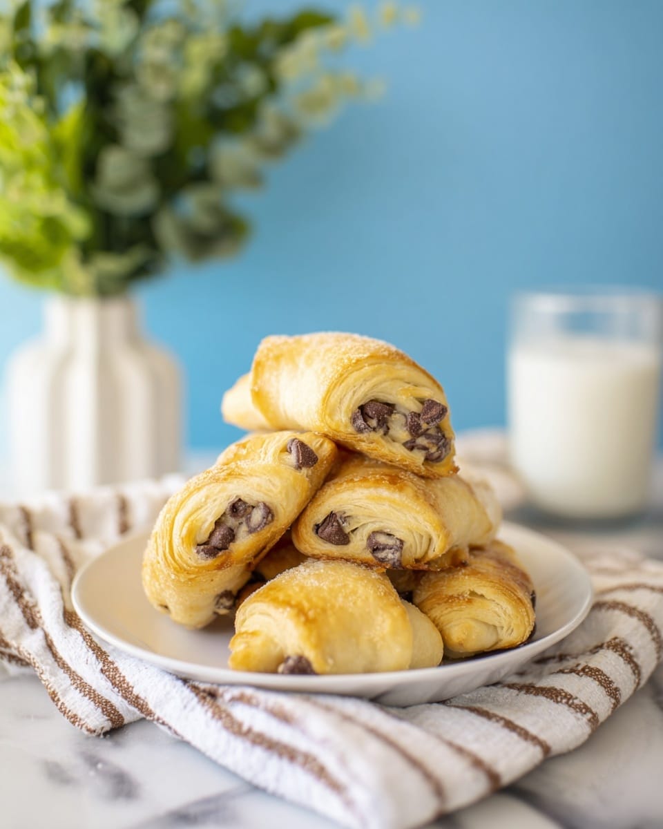A close-up of a woman's hand holding a croissant with a layer of soft chocolate chip cookie dough on top. The croissant is golden brown with a flaky and slightly shiny texture, while the cookie dough layer is light brown with visible chocolate chips embedded. In the blurred background, a white plate holds more croissants, and two glasses of milk sit on a white marbled surface with a striped cloth. Photo taken with an iphone --ar 4:5 --v 7