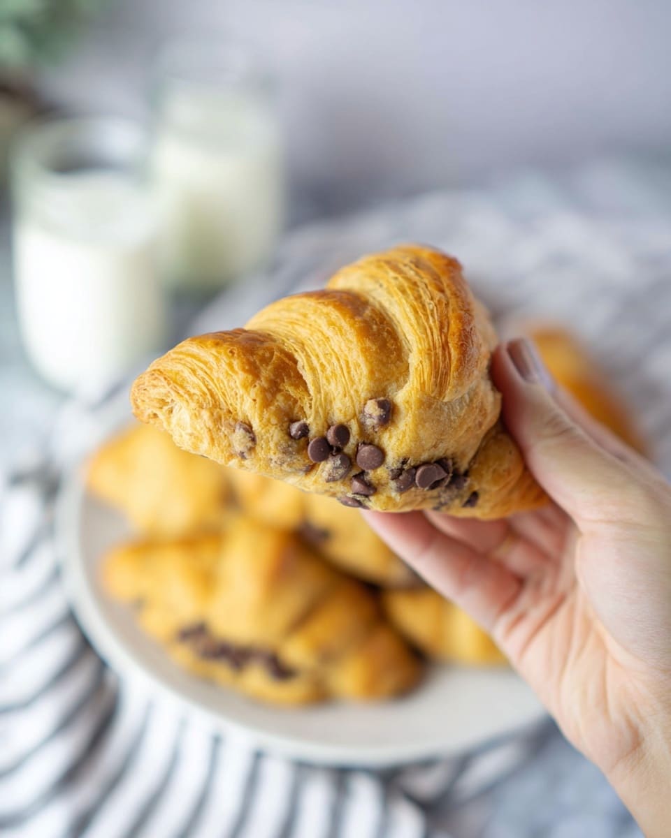 A stack of five crescent rolls filled with chocolate chips is arranged on a white plate, each roll showing a golden-brown flaky texture with a light beige dough layer filled with dark chocolate chips. The rolls are stacked unevenly with some partially leaning on others, creating a rustic, cozy feel. The plate rests on a white and brown striped cloth, set against a white marbled surface. In the blurred background, a white vase with green, leafy plants and a glass of milk add a soft, homey touch with a bright blue wall behind them. photo taken with an iphone --ar 4:5 --v 7