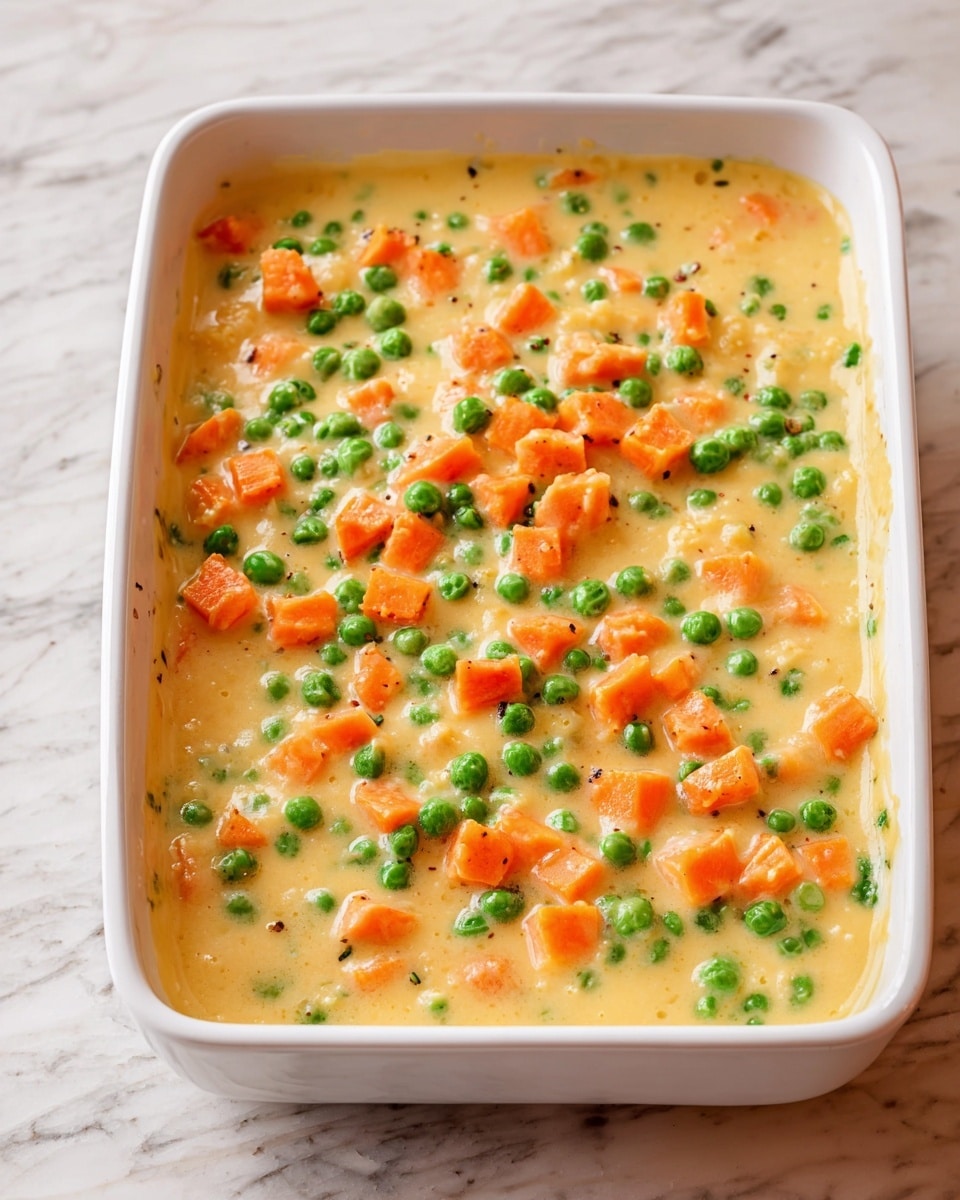 A white rectangular dish filled with a creamy light yellow mixture that covers two main layers: the base layer consisting of diced orange carrots, and bright green peas scattered evenly on the top; the vegetables create a textured and colorful surface with a soft, thick sauce binding them, giving a smooth yet chunky appearance. The dish sits on a white marbled surface, bringing out the warm colors of the food. photo taken with an iphone --ar 4:5 --v 7