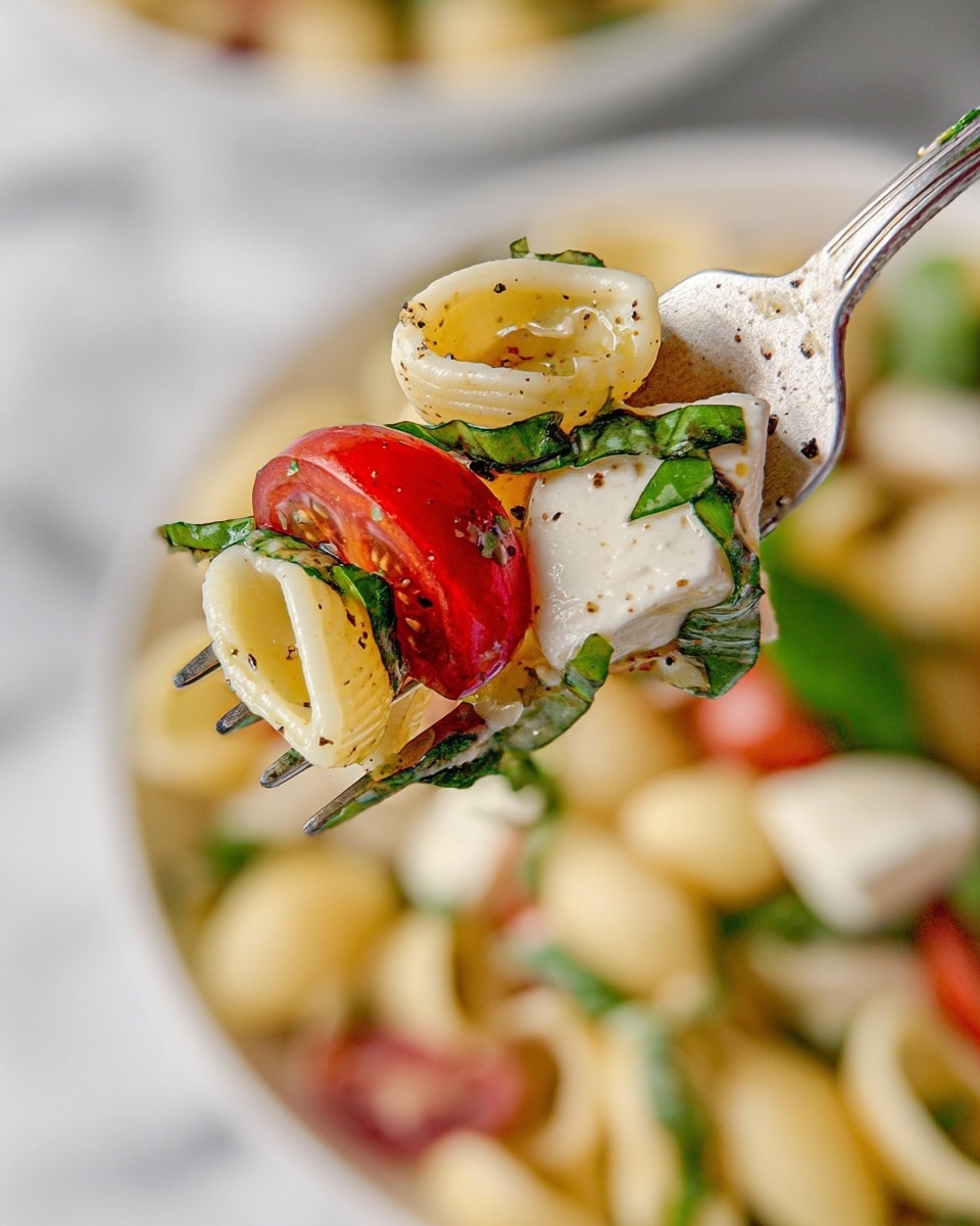 A large white plate with a cracked textured rim holds a layered pasta salad. The bottom layer is pale yellow orecchiette pasta, small and round, mixed throughout with thin slices of light purple onion. On top are bright red cherry tomato halves scattered evenly, along with small white mozzarella balls. Thin strips of fresh dark green basil leaves are spread all over the salad, adding a fresh contrast. There are also a few light tan pine nuts and a sprinkle of black pepper visible. The plate sits on a white marbled surface with a corner of a blue towel in the background. Photo taken with an iphone --ar 4:5 --v 7