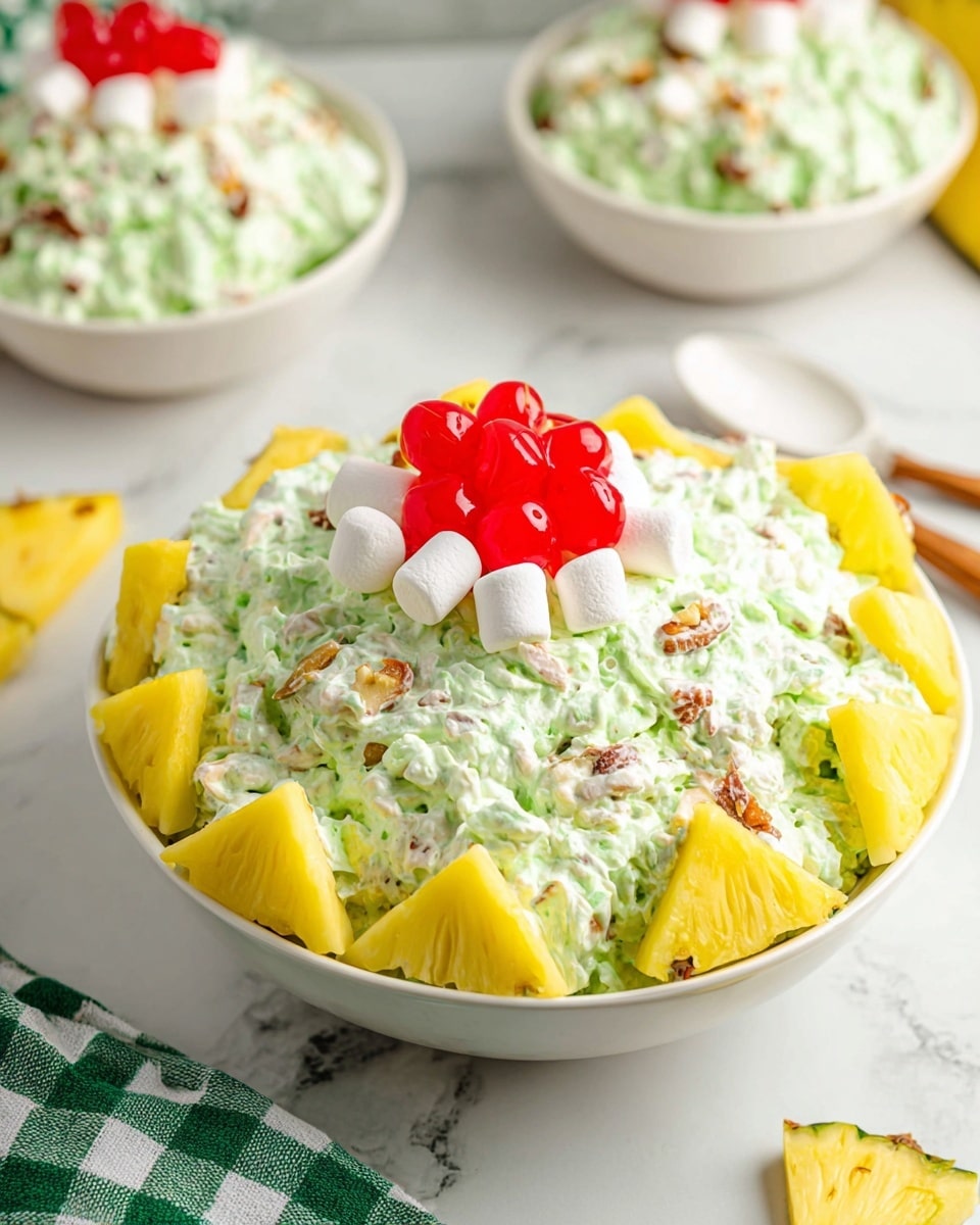 A large white bowl filled with a pale green, creamy salad mixed with small white marshmallows and bits of nuts, decorated with bright yellow pineapple wedges arranged around the edge of the bowl. On top in the center, there is a small pile of white mini marshmallows with five shiny red cherries placed on them, creating a colorful contrast. In the background, two more white bowls filled with the same green salad are visible on a white marbled surface, along with a white wooden spoon and a piece of yellow pineapple. A green and white checked cloth is partially visible in the foreground. photo taken with an iphone --ar 4:5 --v 7