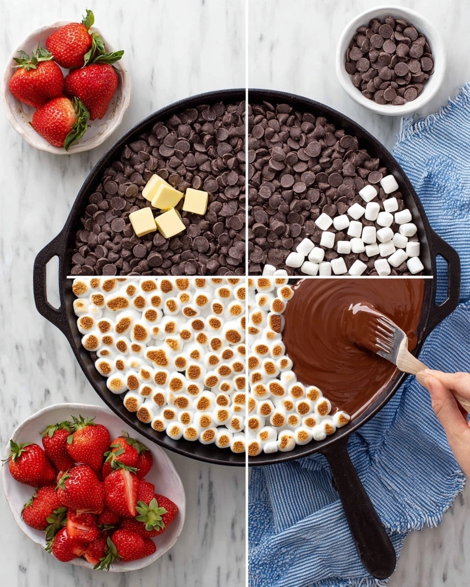 A round black skillet holds a close layer of melted dark brown chocolate at the bottom, topped with a thick single layer of white marshmallows evenly toasted on top to a golden brown color, filling the skillet fully. Around the skillet on a white marbled surface, there are whole strawberries and a glass jar with a red and white striped straw, along with some light beige crackers visible at the bottom right corner. Photo taken with an iphone --ar 4:5 --v 7