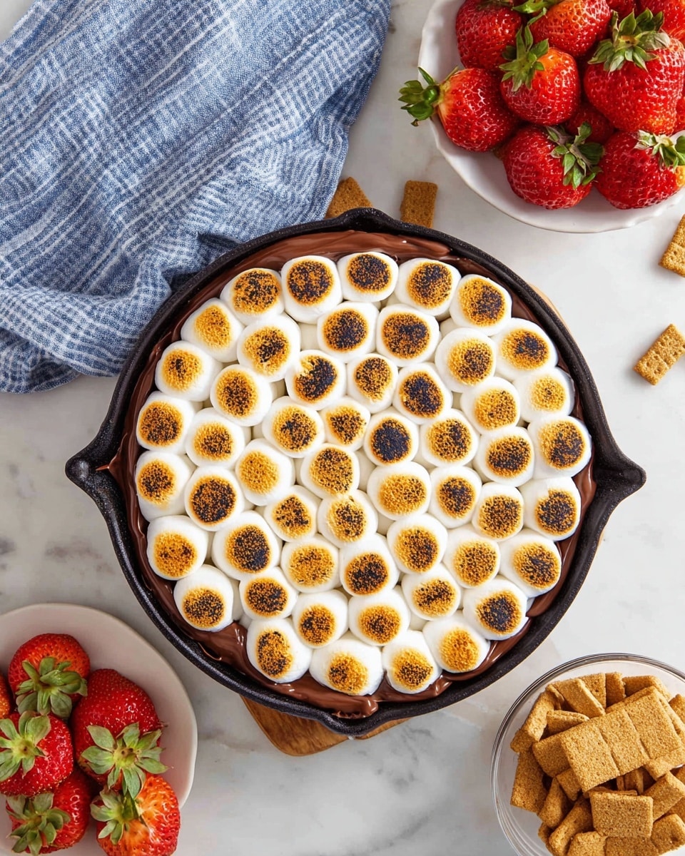 A black cast iron pan holds a dessert with two visible layers; the bottom layer is smooth, shiny chocolate spread that fills the pan evenly, and the top layer is a single layer of large, toasted marshmallows arranged tightly to cover the chocolate, showing golden brown tops with some darker spots. Around the pan, on a white marbled surface, there is a white plate with whole red strawberries with green leaves, a small white bowl with halved strawberries, and a clear glass bowl filled with broken golden brown graham crackers. A blue and white striped cloth is draped casually to the upper left of the pan. Photo taken with an iphone --ar 4:5 --v 7