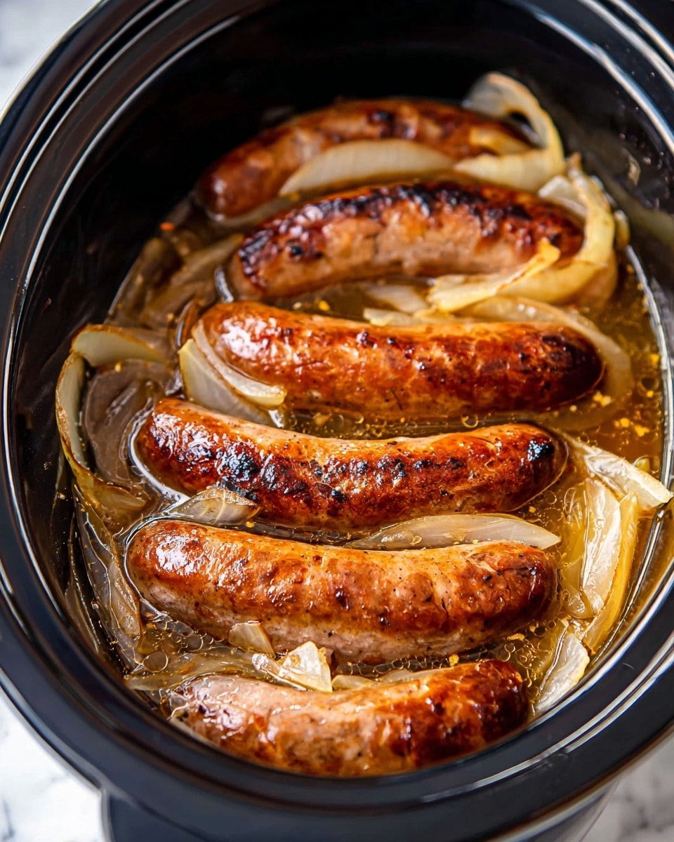 Inside a slow cooker, there are several browned sausages with a shiny, grilled texture and dark grill marks. They are partly covered by soft, translucent cooked onion slices that are light golden in color. The sausages and onions are sitting in a light brown, slightly oily broth that has small granules floating on the surface. The slow cooker has a black rim and interior. The background surface is a white marbled texture photo taken with an iphone --ar 4:5 --v 7