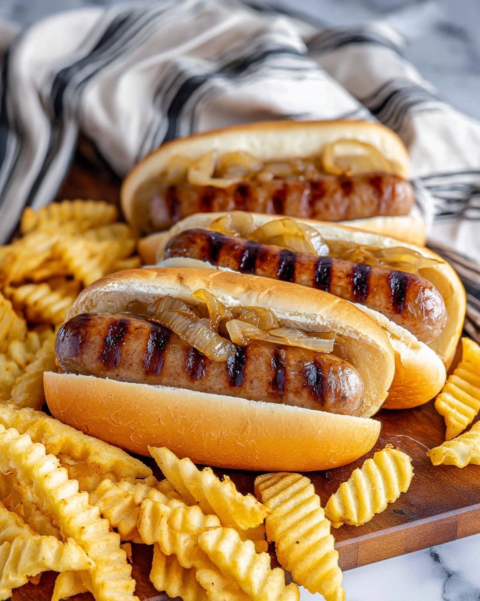 The image shows three grilled sausages with clear brown grill marks, each placed inside a soft, light brown bun that is slightly cracked on the surface. On top of each sausage, there is a layer of cooked onions that are golden and slightly translucent. Surrounding the sandwiches are many crinkle-cut fries that are golden yellow and look crispy. In the background, there is a white cloth with black stripes draped casually, and the whole scene is set on a white marbled surface with a wooden board underneath the sausage buns. photo taken with an iphone --ar 4:5 --v 7