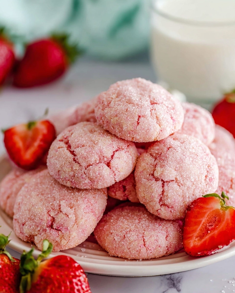 A pile of round pink cookies with a rough sugary texture on top sits on a white plate. The cookies have a soft and slightly bumpy surface with visible sugar crystals. Scattered around the cookies are fresh red strawberries, some whole with green tops and others cut in half showing the juicy inside. The whole scene rests on a white marbled surface. In the background, there is a clear glass bowl filled with white cream, slightly out of focus. photo taken with an iphone --ar 4:5 --v 7