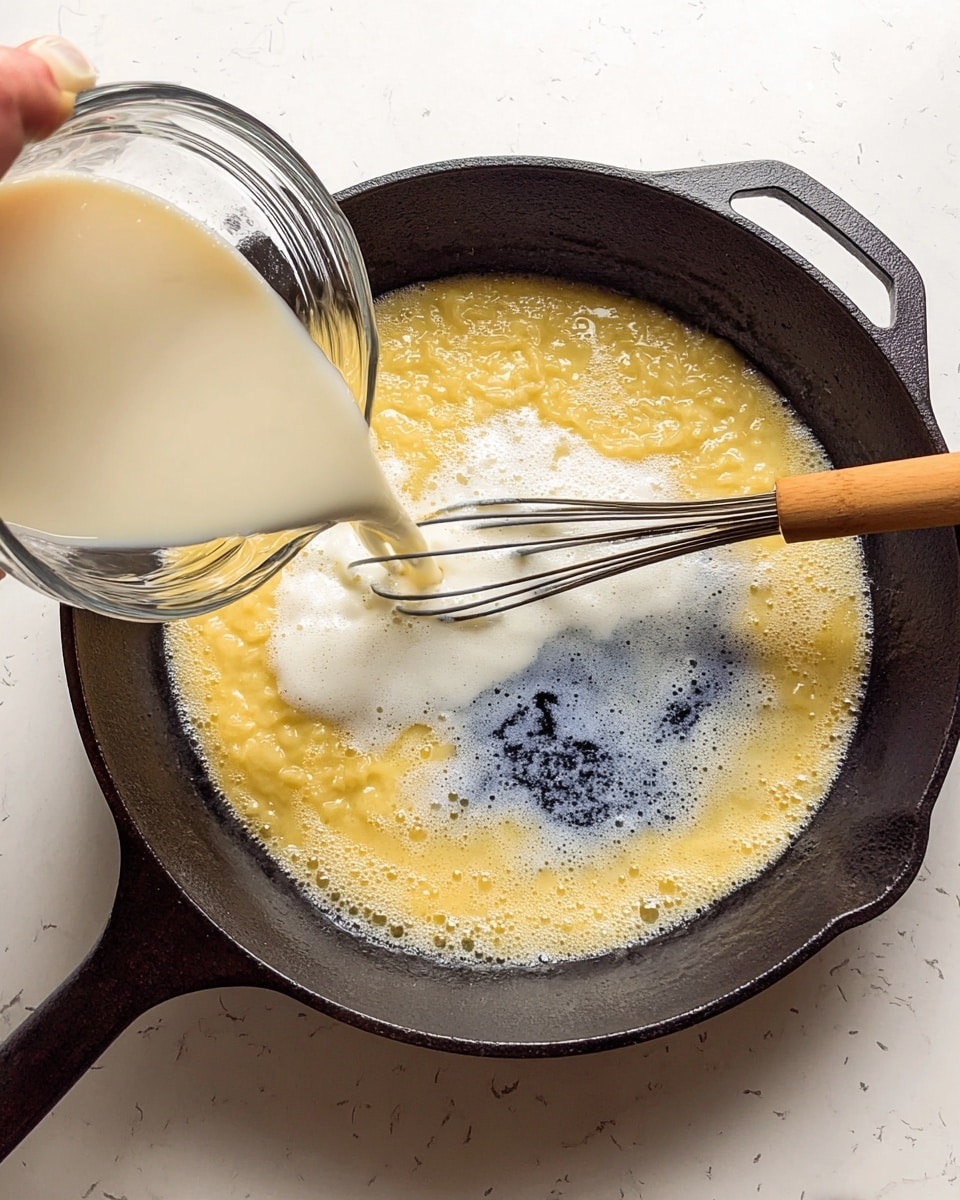 A black cast iron pan filled with macaroni and cheese showing two layers: a creamy yellow cheese sauce covering elbow macaroni at the bottom and a top layer of golden brown melted cheese with some darker browned spots, creating a bubbly texture; a wooden spoon is partially submerged in the mac and cheese on the right side, stirring the dish, all set on a white marbled surface photo taken with an iphone --ar 4:5 --v 7