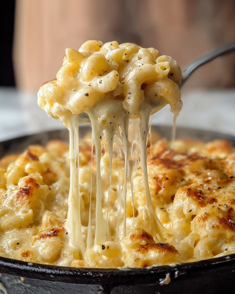 A close-up image of a spoon lifting a portion of macaroni and cheese from a black skillet, showing three layers: the top layer is melted, creamy light yellow cheese with scattered black pepper flecks; beneath it, small curved pasta shells coated in rich, creamy cheese sauce with some browned spots; and at the bottom, the dark black iron skillet with some melted cheese spilling over the edge. The cheese stretches from the skillet to the spoon, creating long, thin strands. The background has a soft focus with a warm light tone and a white marbled surface below the skillet. photo taken with an iphone --ar 4:5 --v 7