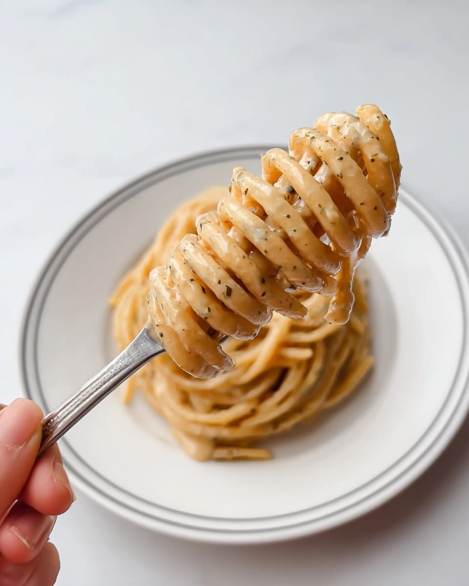 A close-up of a white plate with a thin gray line around the edge on a white marbled surface, holding creamy, light brown pasta spirals with visible small herb specks. A woman's hand on the left side is holding a fork wrapped with several layers of the same creamy pasta, showing a thick, smooth texture with a slight shine. The pasta strands are thick and twisted tightly around the fork with sauce droplets visible on the fork handle. The background is simple and white with no other distractions. photo taken with an iphone --ar 4:5 --v 7