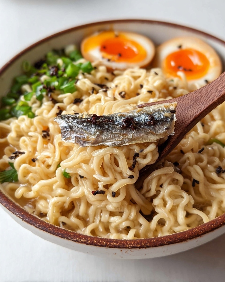 A bowl filled with a bed of creamy light beige noodles forms the base layer, topped with three small silver fish placed neatly in the middle. On the left side, there is a generous pile of bright green chopped scallions. On the top right, two halves of a soft-boiled egg sit side by side, showing a shiny orange yolk with a slightly runny texture, sprinkled with black sesame seeds. The noodles are also dotted with black sesame seeds and small bits of seasoning with a hint of reddish oil. A pair of brown wooden chopsticks rests on the right edge of the bowl. The bowl itself is neutral gray and placed on a white marbled surface. photo taken with an iphone --ar 4:5 --v 7