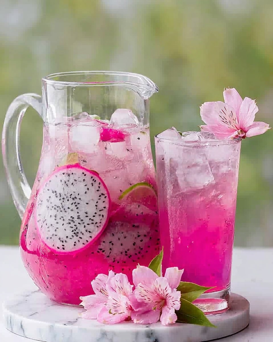 A clear glass pitcher filled with a pink drink containing ice cubes and visible layers of white dragon fruit with black seeds, bright pink slices, and some lime slices near the bottom. Next to the pitcher is a tall, clear glass filled with the same pink drink and ice cubes. Soft pink flowers with green leaves lie beside the glass, all set on a white marbled surface with a blurred green background. Photo taken with an iphone --ar 4:5 --v 7