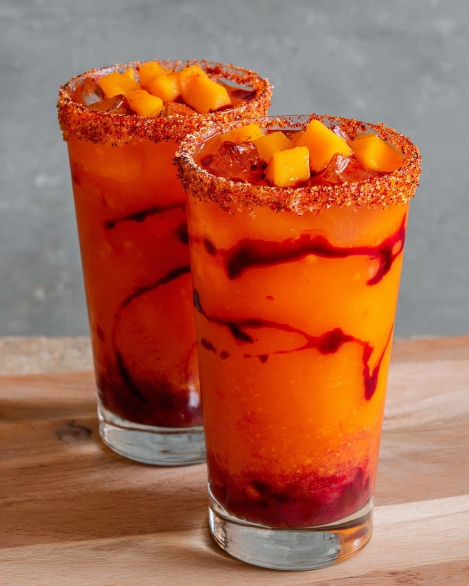 Two tall clear glasses are filled with a bright orange thick drink swirled with dark red sauce throughout. Each glass has a rim coated in chunky reddish seasoning and is topped with small cubes of orange fruit and a drizzle of dark red sauce. The glasses sit on a light wooden surface with a plain gray background replaced by a white marbled texture. photo taken with an iphone --ar 4:5 --v 7