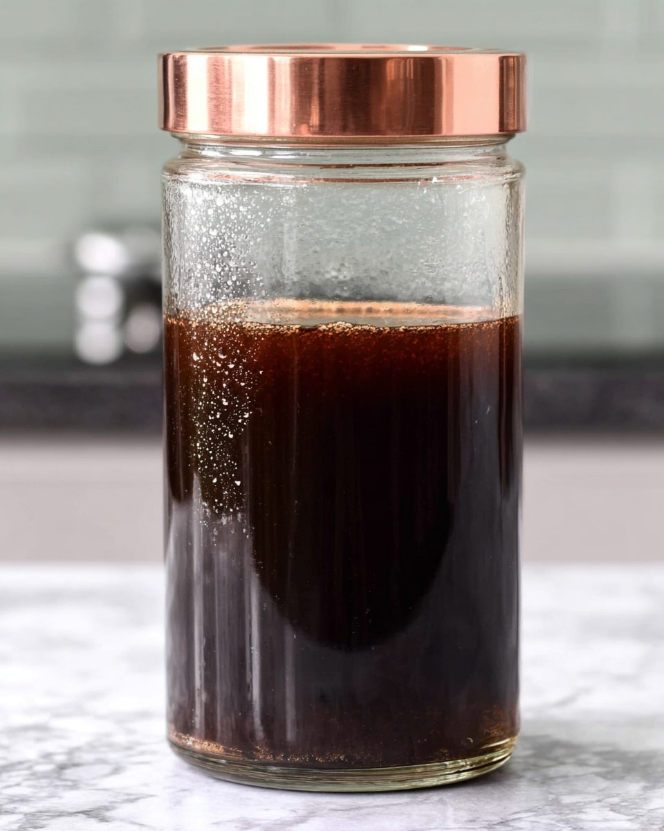 A clear glass jar mug filled with dark brown iced coffee and visible ice cubes inside, with a smooth glass handle on the left side and a shiny, slightly textured rim at the top. A transparent glass straw is placed in the jar, extending upward and leaning slightly backward. The jar sits on a white marbled surface, and the background is blurred with muted colors, giving focus to the jar. photo taken with an iphone --ar 4:5 --v 7