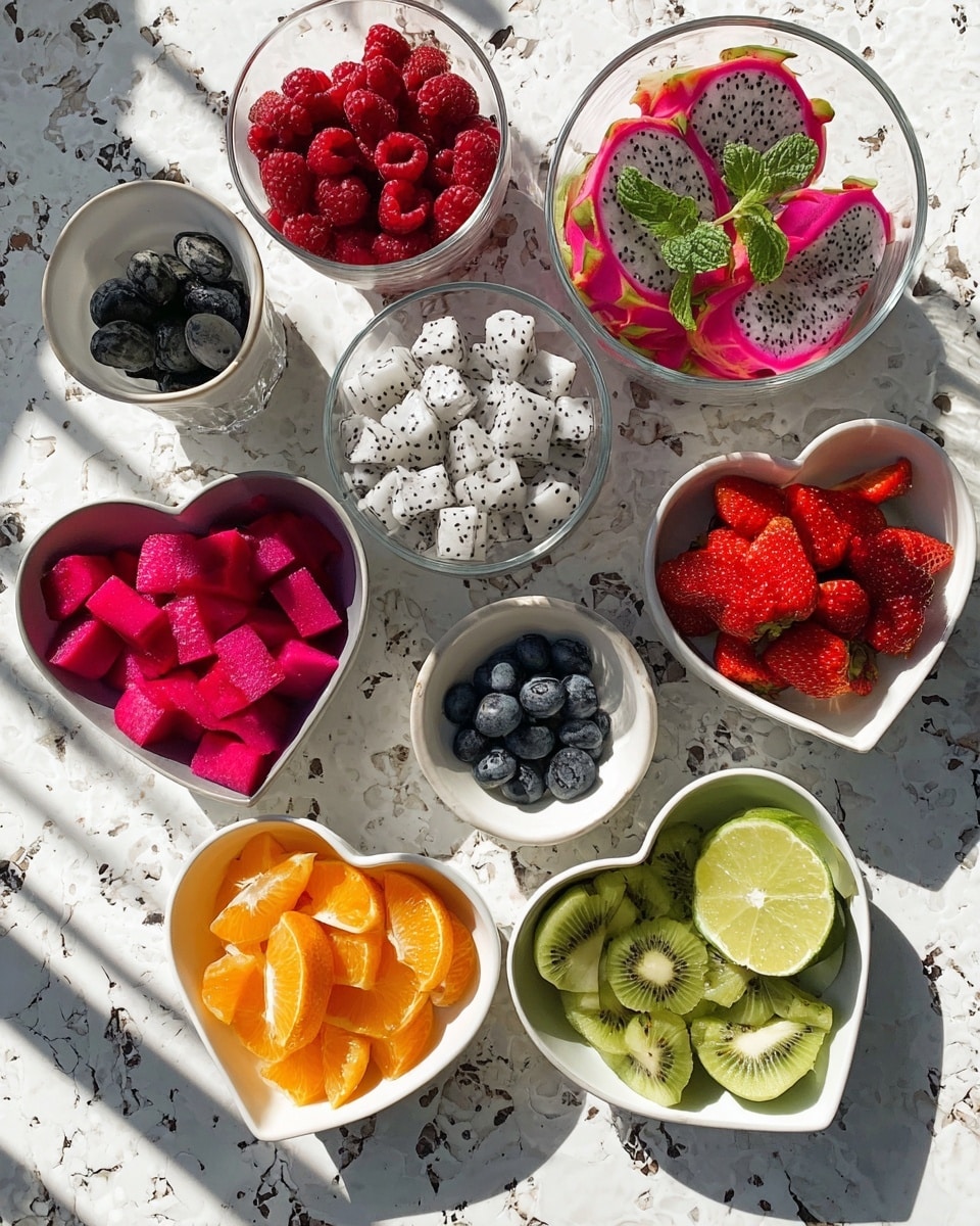 The image shows an overhead view of various fruits arranged in bowls and glasses on a white marbled surface. There are seven containers: a clear glass with red raspberries, a round white bowl with bright pink dragon fruit cubes and green mint leaves on top, a white bowl with red pomegranate seeds, another white bowl with white dragon fruit pieces with pink edges and black seeds, a heart-shaped white bowl with orange slices, another heart-shaped white bowl with sliced kiwi, and a third heart-shaped white bowl with lime wedges. Additionally, there is a clear glass with blueberries and a round white bowl filled with halved strawberries. Bright sunlight casts soft shadows across the scene. photo taken with an iphone --ar 4:5 --v 7