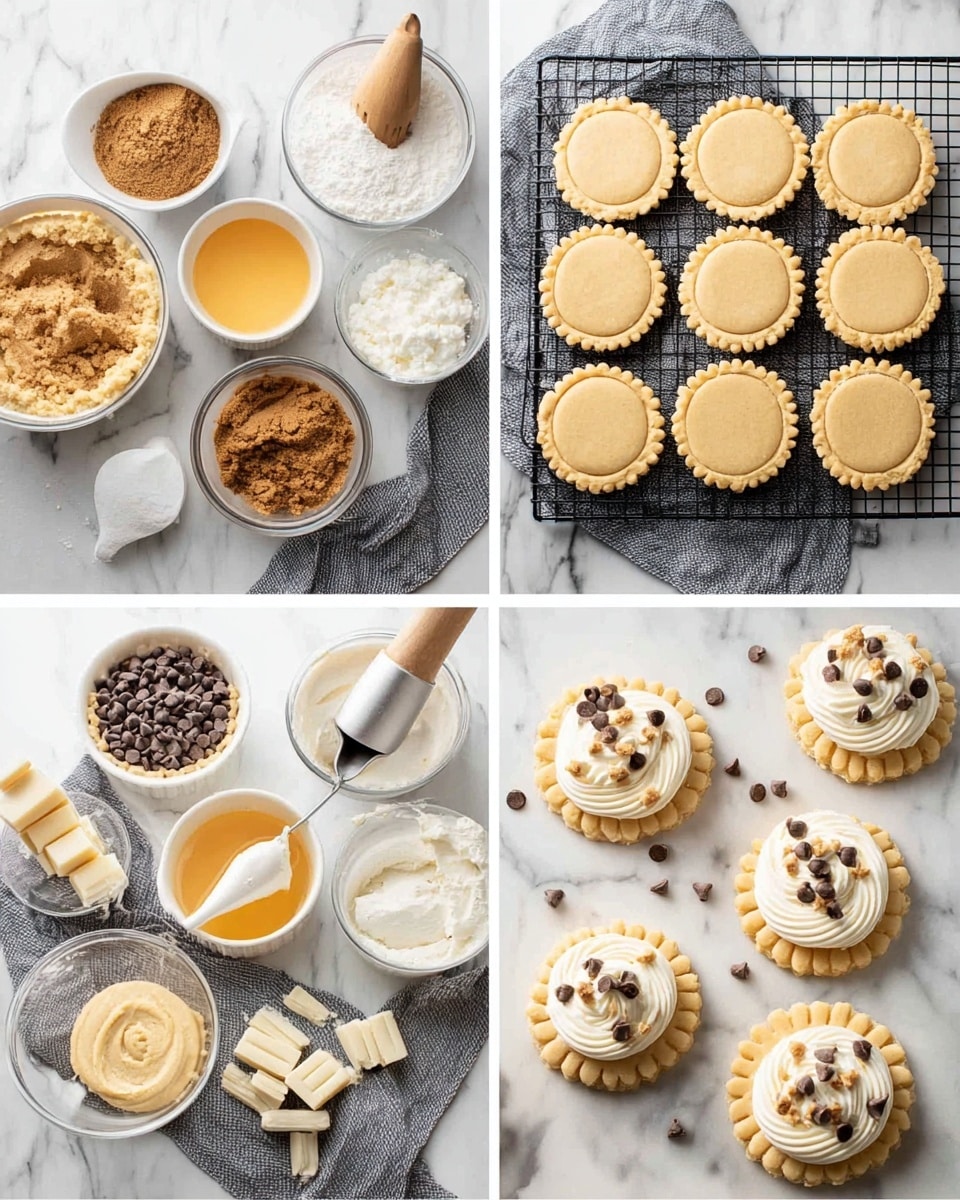 The image shows four steps of making cookies on a white marbled surface with a grey cloth. The first step has bowls of light brown dough pieces, brown sugar, yellow liquid, white flour, white eggs, chocolate chips, and sticks of butter. The second step shows six round, golden cookie dough pieces with a crimped edge on a black cooling rack. The third step shows some cookies with smooth golden dough bases and some with a swirl of white cream on top being piped with a white bag. The last step shows cookies with a white creamy layer topped with small cookie dough chunks and chocolate chips. Photo taken with an iphone --ar 4:5 --v 7
