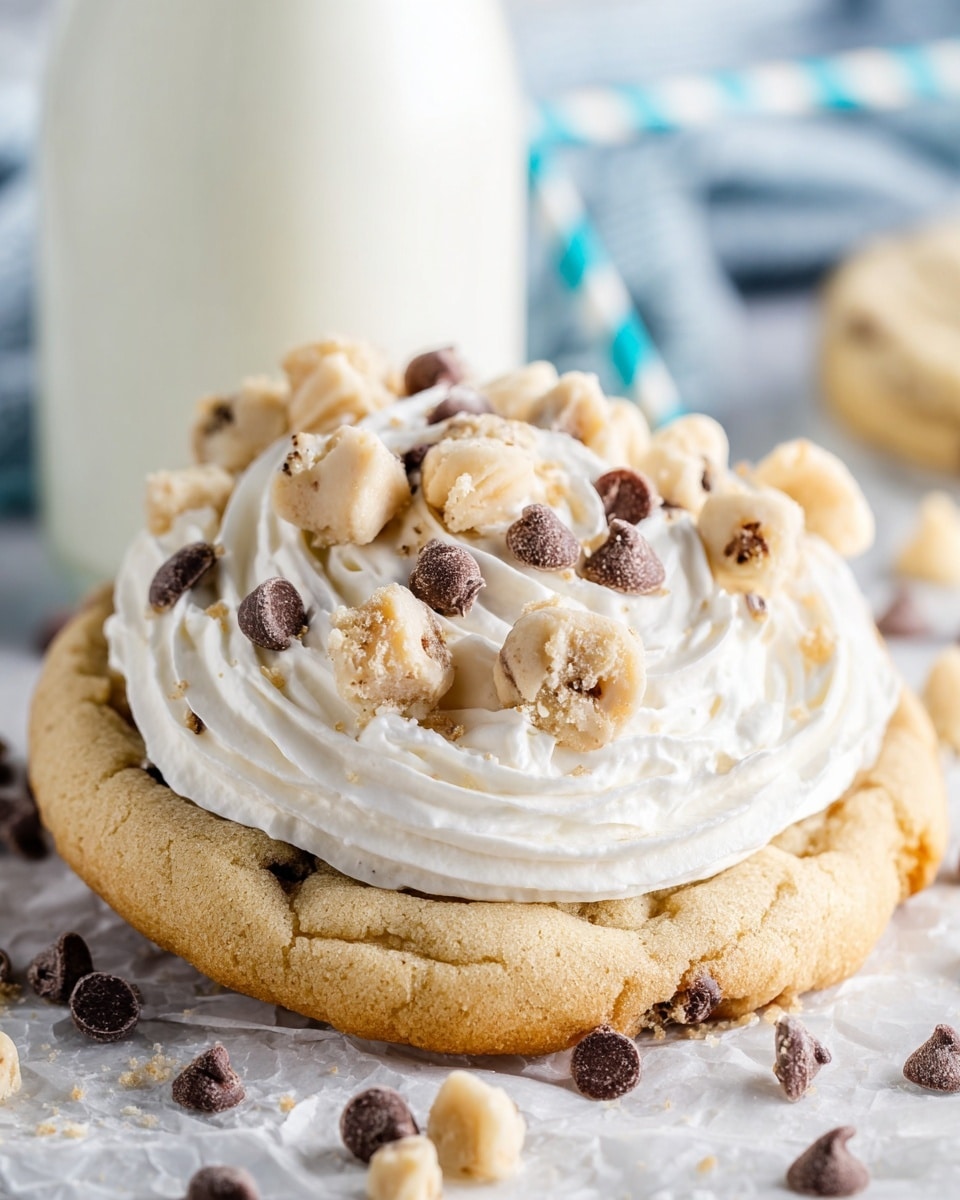 A single large cookie forms the base layer, light golden brown with a soft, slightly cracked texture. On top, a thick swirl of creamy white frosting is placed in the center, smooth and fluffy. Scattered on the frosting are small chunks of light beige cookie dough with visible tiny chocolate bits, adding texture. Around and on the frosting, many small, dark brown chocolate chips are sprinkled, some on the white marbled surface below, creating contrast. In the blurry background, there is a glass bottle of milk with a blue-striped straw. Photo taken with an iphone --ar 4:5 --v 7