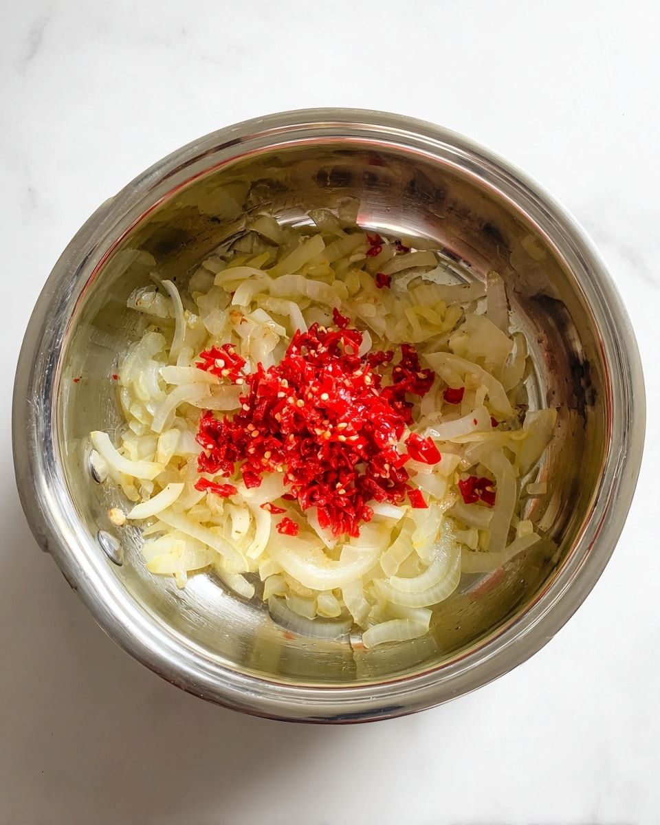 Inside a large stainless steel pot, there is one main layer of cooked, soft onion slices that are pale yellow and slightly translucent, spread across the bottom. On top in the middle, there is a small pile of bright red chopped chili peppers with a fresh and slightly glossy look. The pot sits on a white marbled surface, and the inside of the pot shows some light reflections and a clean, smooth texture. photo taken with an iphone --ar 4:5 --v 7