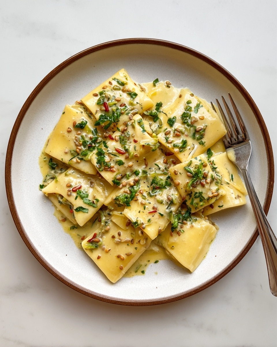 A white plate holds a single layer of large, tube-shaped pasta pieces that are smooth and light yellow. They are covered evenly with a creamy, light-colored sauce that has a soft texture. On top, there are small pieces of green herbs scattered all over, along with light brown sunflower seeds adding a bit of crunch. The plate sits on a white marbled surface, giving the whole scene a clean, fresh look. photo taken with an iphone --ar 4:5 --v 7