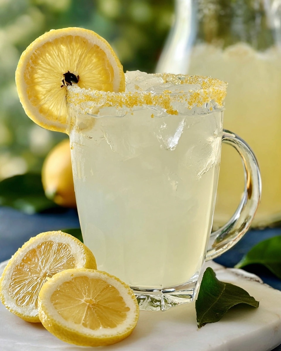 The image shows a clear glass mug filled with a pale yellow lemonade drink and ice cubes. The rim of the mug has a layer of coarse yellow sugar crystals. A bright lemon slice is placed on the rim, showing its inner segments and a small dark spot in the center. In front of the mug on a white marbled surface, there are two half lemon slices with bright yellow flesh and green leaves underneath them. In the background, there is a glass pitcher with more lemonade, slightly blurred. The overall setting is bright with natural green colors in the blurred background. Photo taken with an iphone --ar 4:5 --v 7