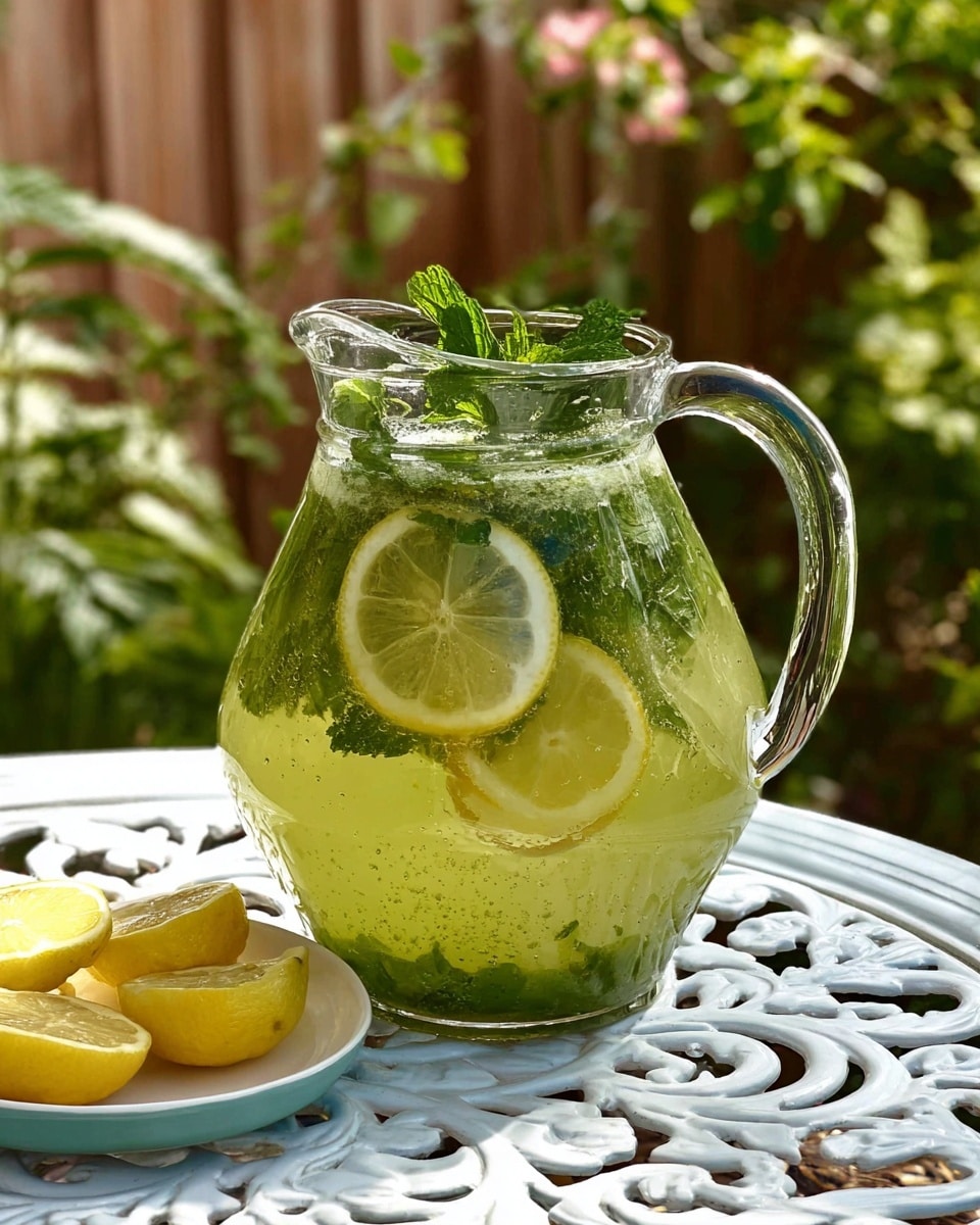 A clear glass pitcher filled with a greenish-yellow beverage containing three lemon slices spaced vertically inside, small green mint leaves floating and mixed throughout, and larger mint sprigs resting on top near the pitcher’s rim. The pitcher has a curved handle on the right side and is placed on a white metal table with intricate cut-out patterns. In front, on the bottom left, there is a white plate with yellow lemon wedges. The setting is outdoors with blurry green plants and wooden fence in the background. Photo taken with an iphone --ar 4:5 --v 7