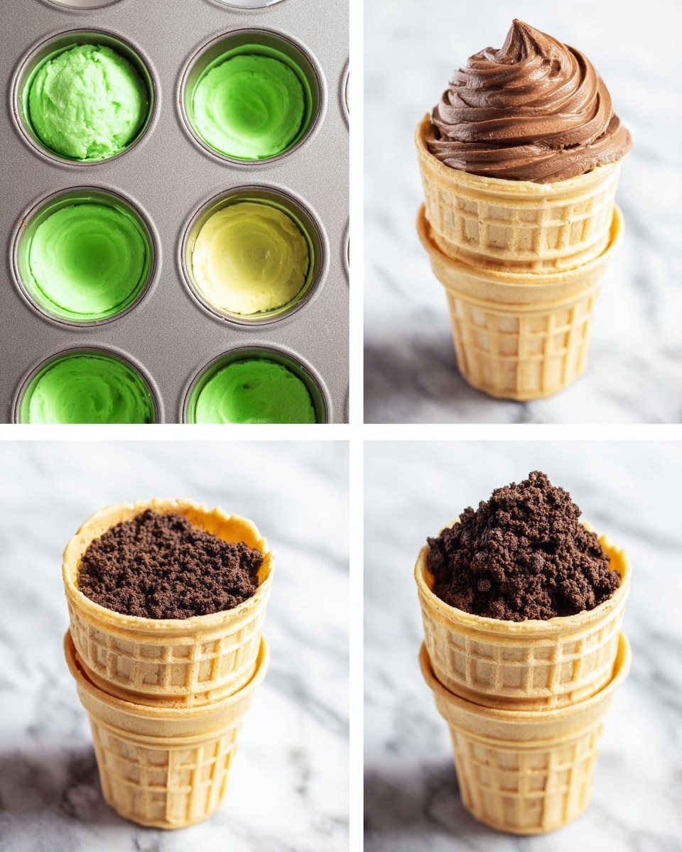 The image shows a step-by-step process of making a dessert using ice cream cones. In the first part, a green batter fills a waffle cone placed upside down in a metal muffin tray, with smooth and shiny texture. In the second part, the green batter has risen and looks light and fluffy inside each cone still in the tray. The third part shows the cone turned right side up, topped with a thick layer of dark brown chocolate frosting that has a creamy and slightly swirled texture. The last part displays the cone standing upside down inside a bowl filled with crushed chocolate cookie crumbs that look rough and crumbly, with the cone surface light beige and textured. The background and surface are white marble. photo taken with an iphone --ar 4:5 --v 7