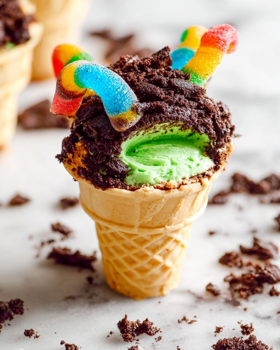 A dessert shaped like an ice cream cone with three visible layers: the bottom layer is a beige waffle cone with a grid texture, inside it is a bright green cake layer, and on top is a thick, dark chocolate crumbly layer that looks like crushed cookies. Sticking out of the chocolate layer are colorful gummy worms in red, blue, yellow, and green. The dessert is set on a white marbled surface with scattered chocolate crumbs around it. Photo taken with an iphone --ar 4:5 --v 7