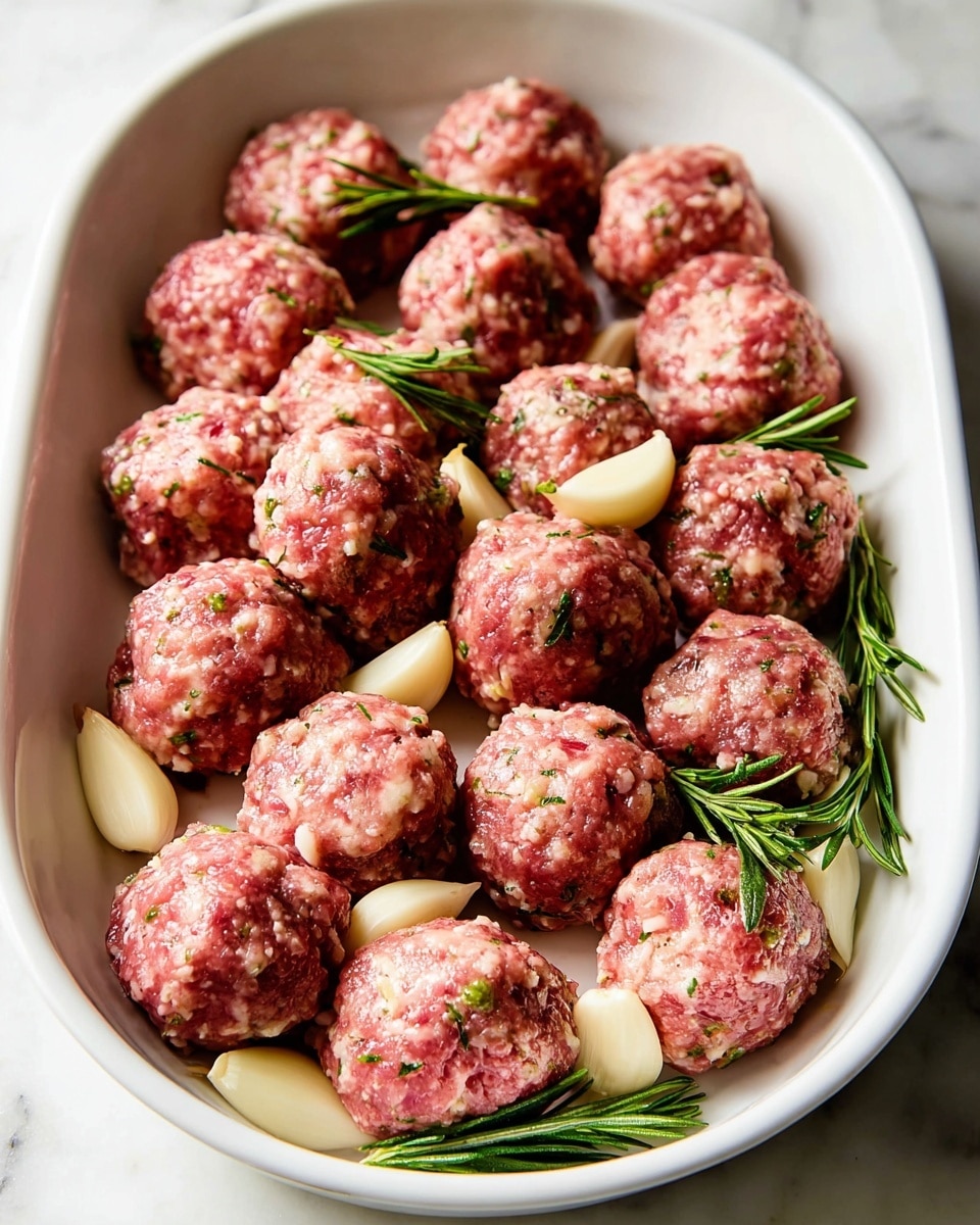 A white oval dish holds about twenty raw meatballs, each one round and textured with visible small pieces of herbs and seasoning. The meatballs have a pinkish-red color with hints of white fat and green herbs mixed in. Between and around the meatballs are whole peeled garlic cloves in a creamy white shade and sprigs of fresh green rosemary, adding contrast. The dish sits on a white marbled surface. The photo taken with an iphone --ar 4:5 --v 7