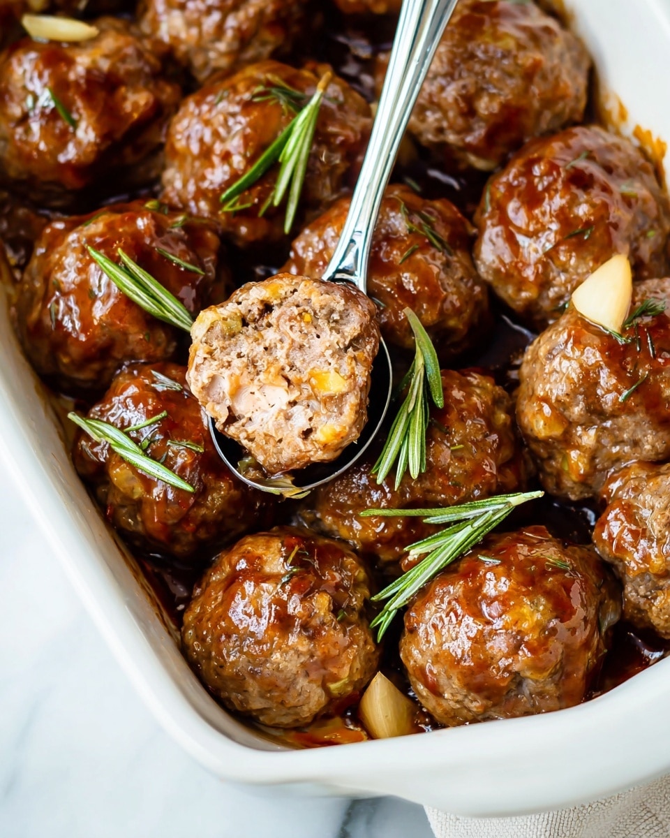 Close-up of a white bowl filled with many brown meatballs that have a shiny glaze on top. The meatballs show a textured surface, with bits of herbs and small pieces causing a rough look. Some light green rosemary sprigs are scattered across the meatballs. A shiny silver spoon is scooping one meatball from the bowl, showing the round shape and moist texture. Under the meatballs, a few pieces of garlic cloves can be seen, adding detail to the mix. The bowl sits on a white marbled surface, giving a fresh, clean look to the scene. photo taken with an iphone --ar 4:5 --v 7