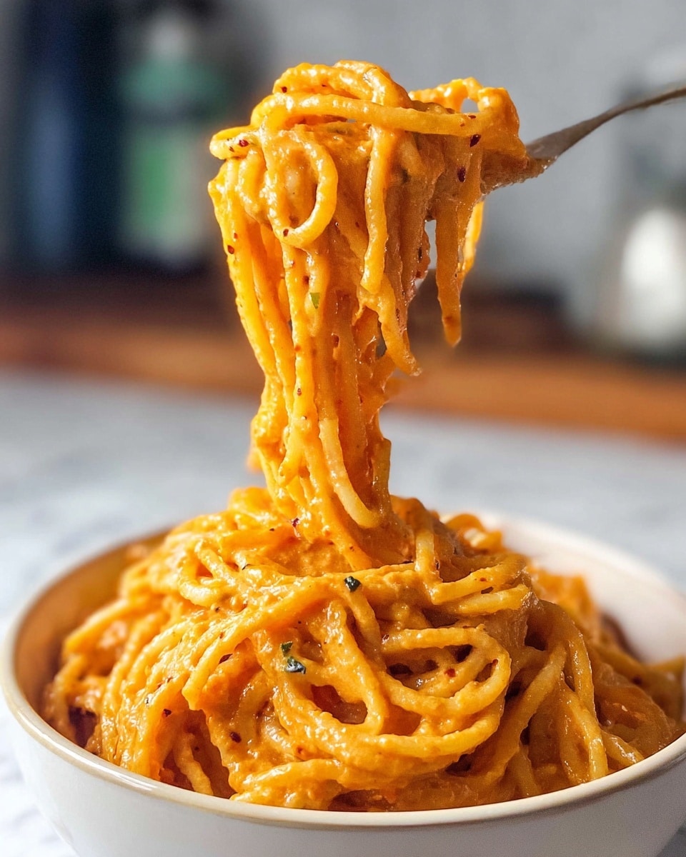 A mound of creamy, orange-colored spaghetti sits in a deep white bowl, layered with a smooth, slightly thick sauce. The pasta strands are well-coated and intertwined, showing a glossy texture. On top, there is a sprinkling of finely grated light-colored cheese and small dark red chili flakes scattered evenly, adding contrast and texture. The background is a clean white marbled surface. Photo taken with an iphone --ar 4:5 --v 7