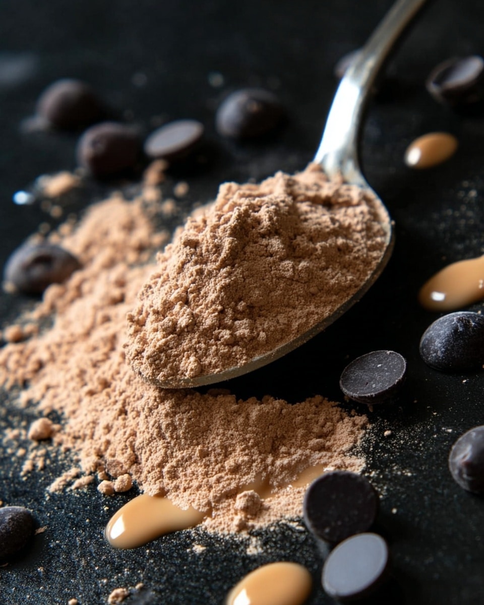 A close-up of a silver spoon filled with a heap of light brown powder, placed on a black surface with more of the same powder scattered around. Small round dark chocolate chips are spread randomly on the black surface along with a few drops of light tan liquid that look creamy. The texture of the powder is dry and crumbly, while the chocolate chips are smooth and shiny. photo taken with an iphone --ar 4:5 --v 7