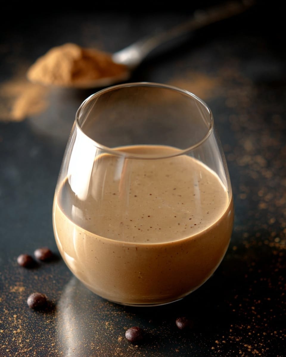 A clear round glass is filled almost to the top with a smooth, light brown creamy drink that has tiny specks throughout. The glass is placed on a dark surface with scattered small dark and beige round drops around it. In the background, a spoon rests on a small heap of light brown powder, slightly out of focus, creating a cozy setting. The surface has a shiny texture reflecting the glass. photo taken with an iphone --ar 4:5 --v 7